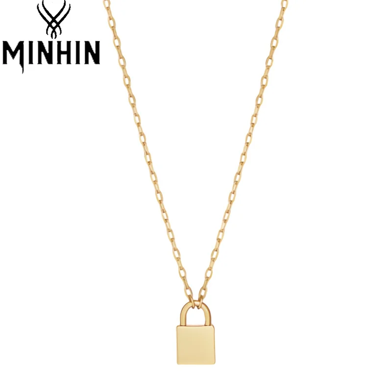 

MINHIN Gold Color Padlock Chain Necklaces for Women Solid Classic Lock Pendant Stainless Steel Link Chain Fashion Jewelry Choker