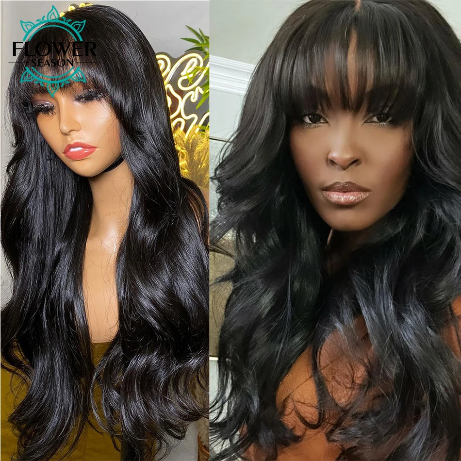 Long Human Hair Wig Brazilian Remy 180Density Wavy Human Hair Wigs With Bangs Machine Made Scalp Top Wig Body Wave For Women