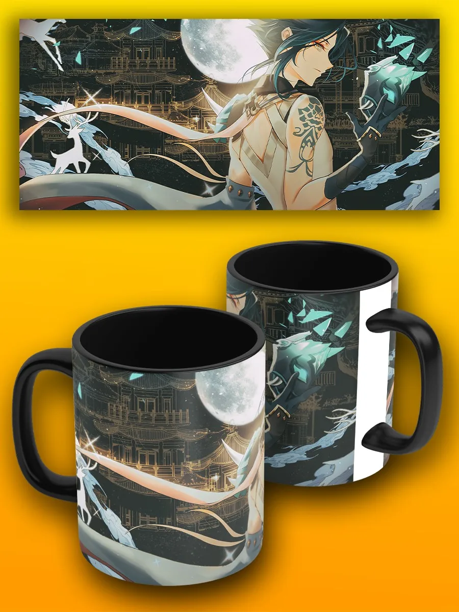 Кружка черная для чая воды кофе питья с принтом игры genshin impact геншин импакт - 6780 |