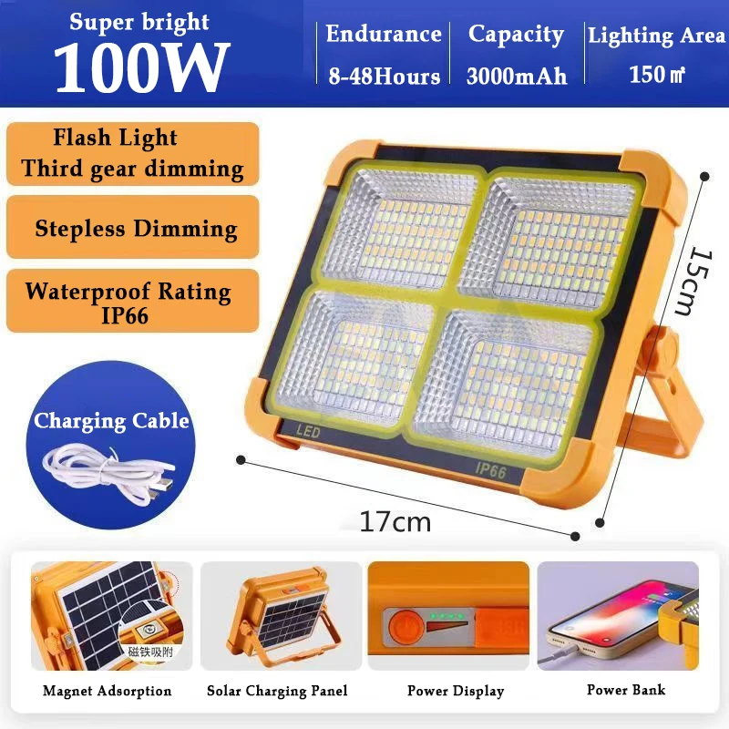 

100/200W Outdoor Solar LED Lamp Emergency Night Market Light USB Rechargeable 4 Mode LED Tent Lantern Camping Lighting Powerbank