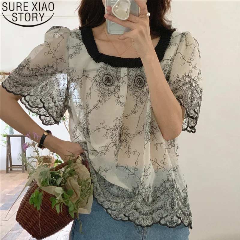 

Korean Vintage Print Lace Embroidery Hook Flower Hollow Chiffon Blouse Summer Shirt Women Tops Short Sleeve Clothes Blusas 22345