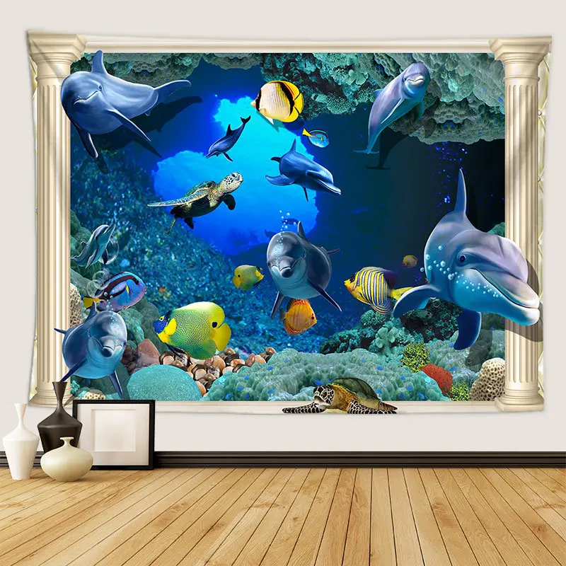 

3D Marine Life Dolphin Tapestry Psychedelic Underwater World Tropical Fish Tapestry Wall Hanging Animal Coral Home Decor Mural