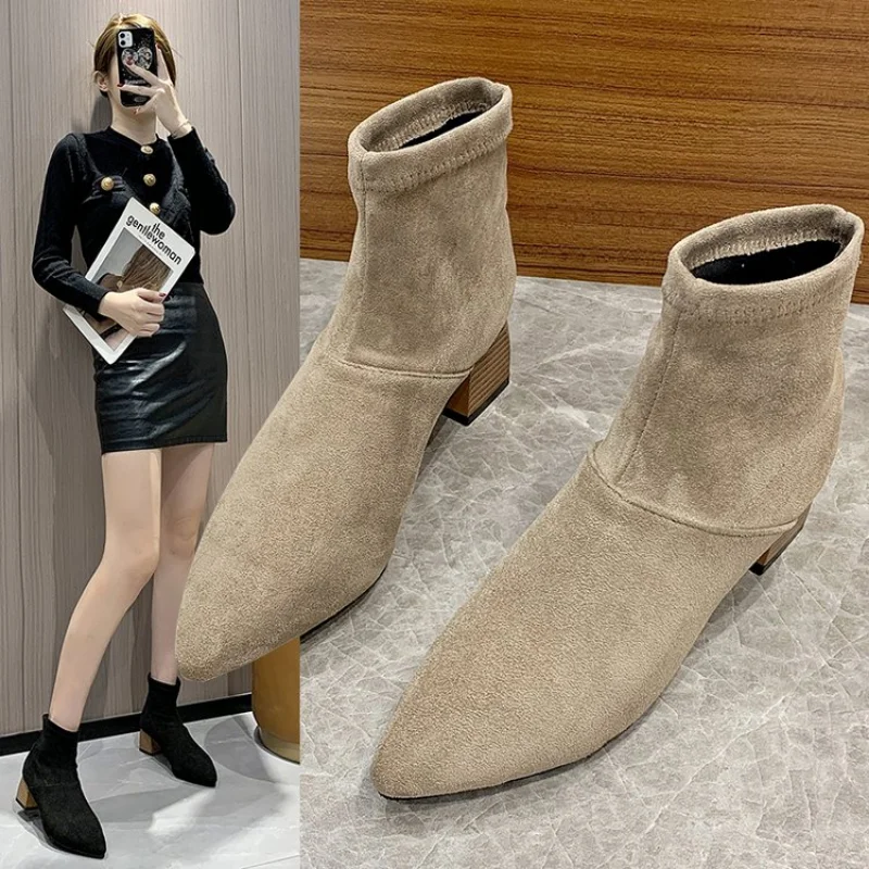 Net Red Hot Style Pointed Toe Short Boots Women's Autumn 2022 New Low-heel Stiletto Elastic Thin Boots Children's Short Boots