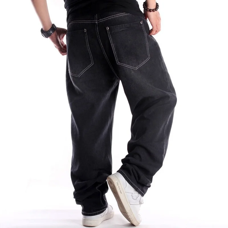 Wide Leg Jeans Street Trend Black Washed Jeans Men's Hip Hop Loose Fat Size Pants Full Length Solid Color Baggy Jeans