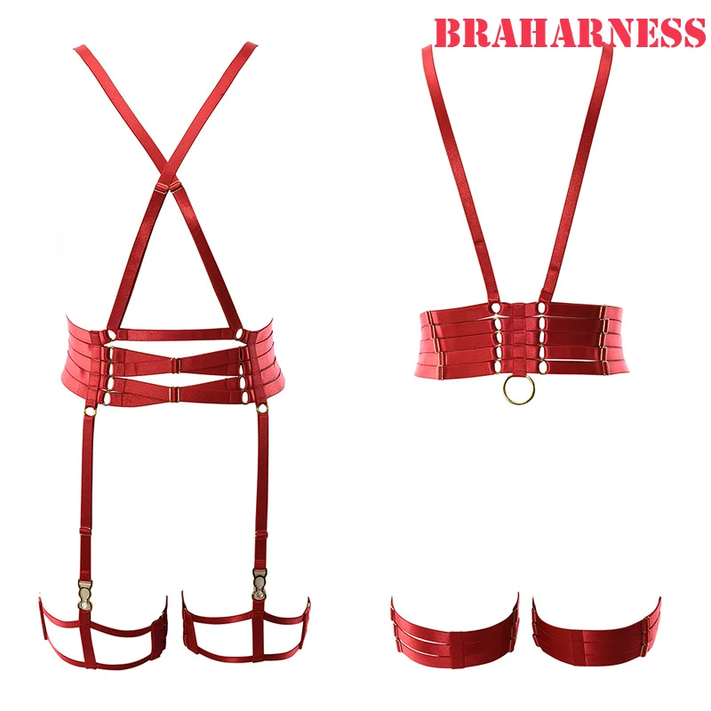 

Women Wine Red Body Harness Bra Sexy Lingerie Full Set Punk Goth Night Rave Body Cage Top Panties Suspender Adjust Garter Belt