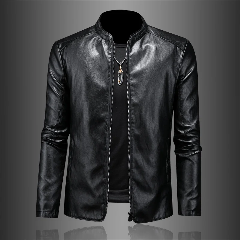 

Handsome Stand Collar Leather Jacket Men's Slim Motorcycle Coat High Quality Large Size Simple Men's Knight Waterproof PU Jacket