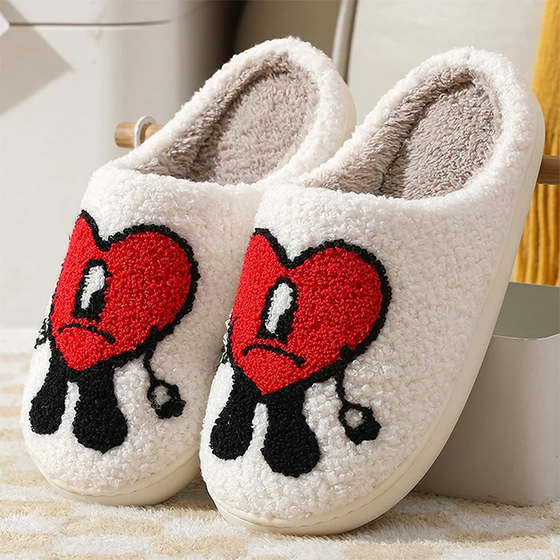 Bad Bunny Un Verano Sin Ti Autumn Winter Fulffy Fur Slippers Plush Fleece Flat Love Heart Slippers Indoor Slippers Couple Shoes