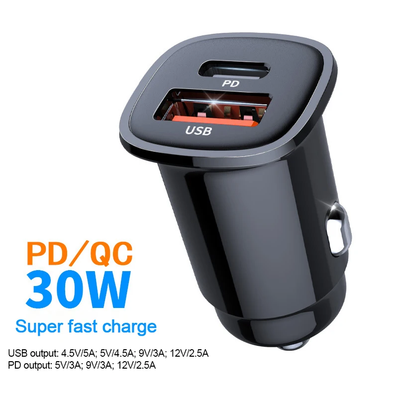

Автомобильное зарядное устройство USB, 30 Вт, 5 А, мини-прикуриватель, быстрая зарядка QC 3,0 PD 3,0 PD30W, Φ протокол быстрой зарядки для автомобиля 12-24 В