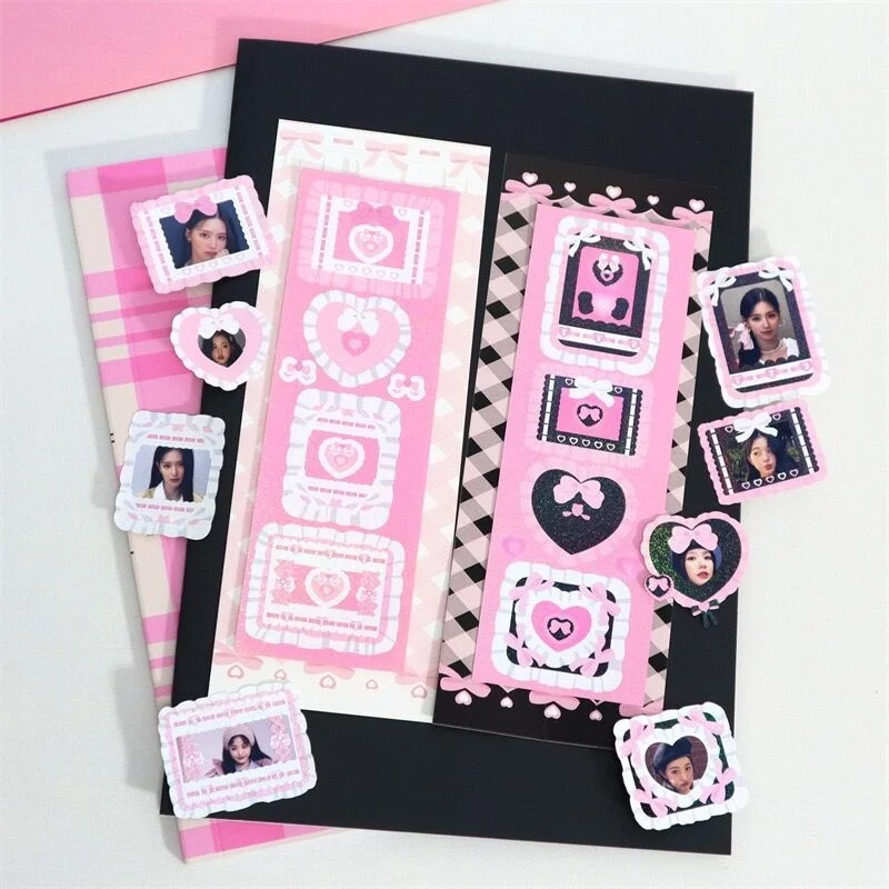 1Pc Korean Pink Heart Border Animal Laser Sticker Flakes Idol Card Deco Scrapbook DIY Material Decoration Stationery Stickers