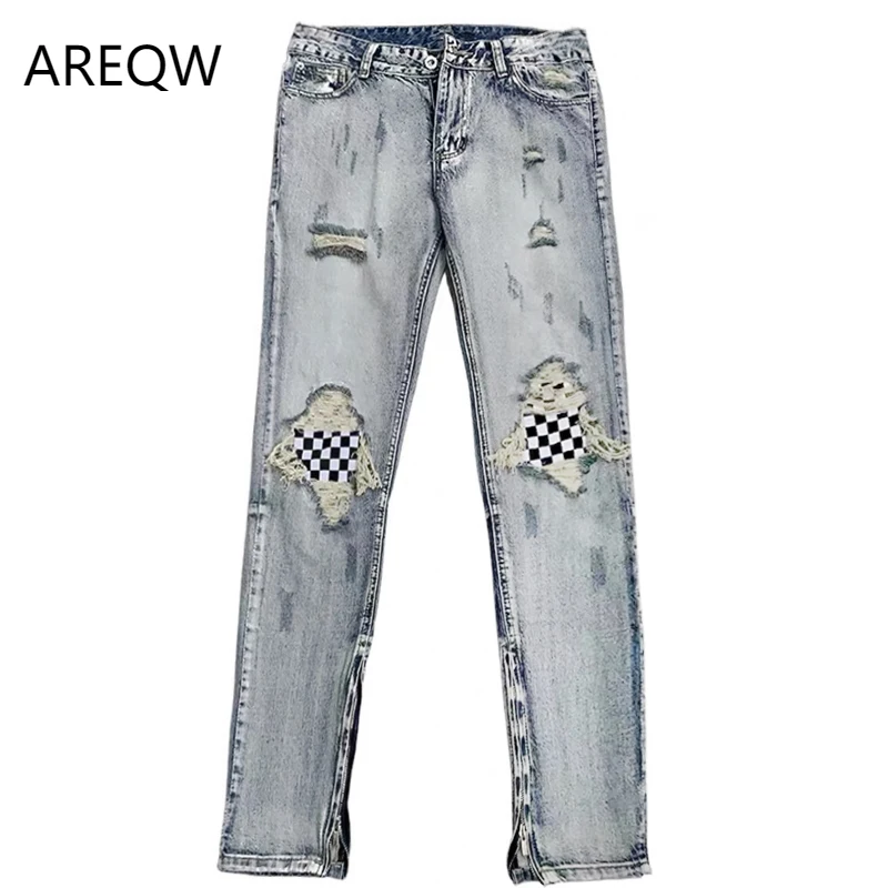 

22ss Spring And Autumn Men's Jeans Men's Slim Leg Zipper Fog High Street Hole Cat Must Scrape And Wash Long Trousers Men Jeans