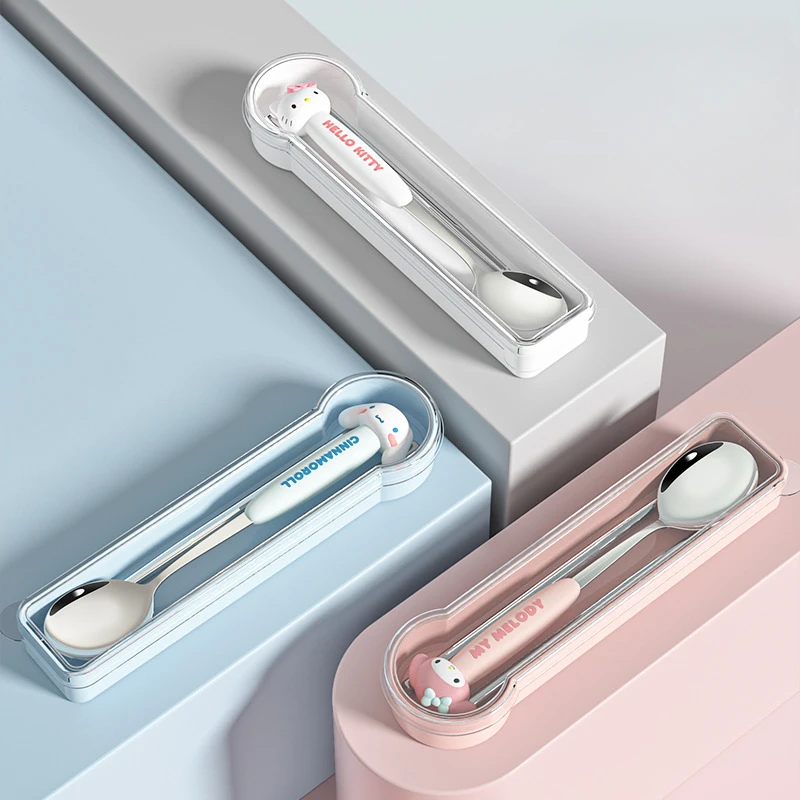 

3pcs Kawaii Sanrio Anime New Hellokitty Tableware Cartoon Sweet Child Spoon 304 Stainless Steel Portable Box Household Girl Gift