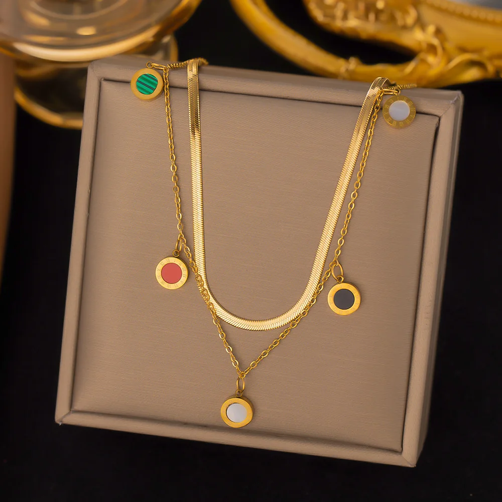 

SITA 316L Stainless Steel Round Colorful Roman Numeral Pendant Necklace For Women Trendy 2in1 Chains Non-fading Jewelry Gifts
