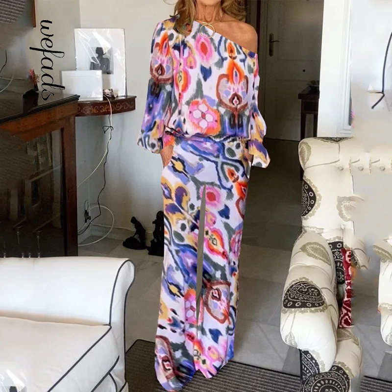 

Wefads Women Two Piece Set Autumn Casual Long Sleeve One Shoulder Print Loose Pants With Pockets Sets High Streetwear