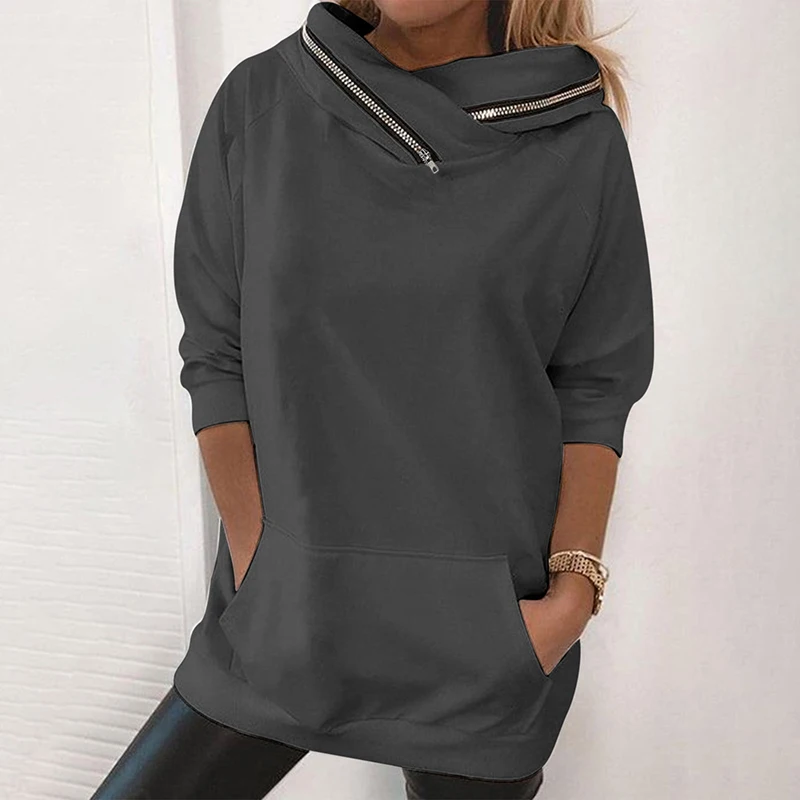 

Fall Female Solid Hoodies Top Vintage Scarf Collar Zip Sweatshirts Woman Clothing New Winter Long Sleeve Big Pockets Pullovers