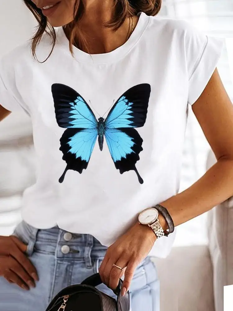 

Милая женская летняя одежда с цветочным рисунком бабочки акварелью, футболка с графическим рисунком, модная футболка с коротким рукавом и п...