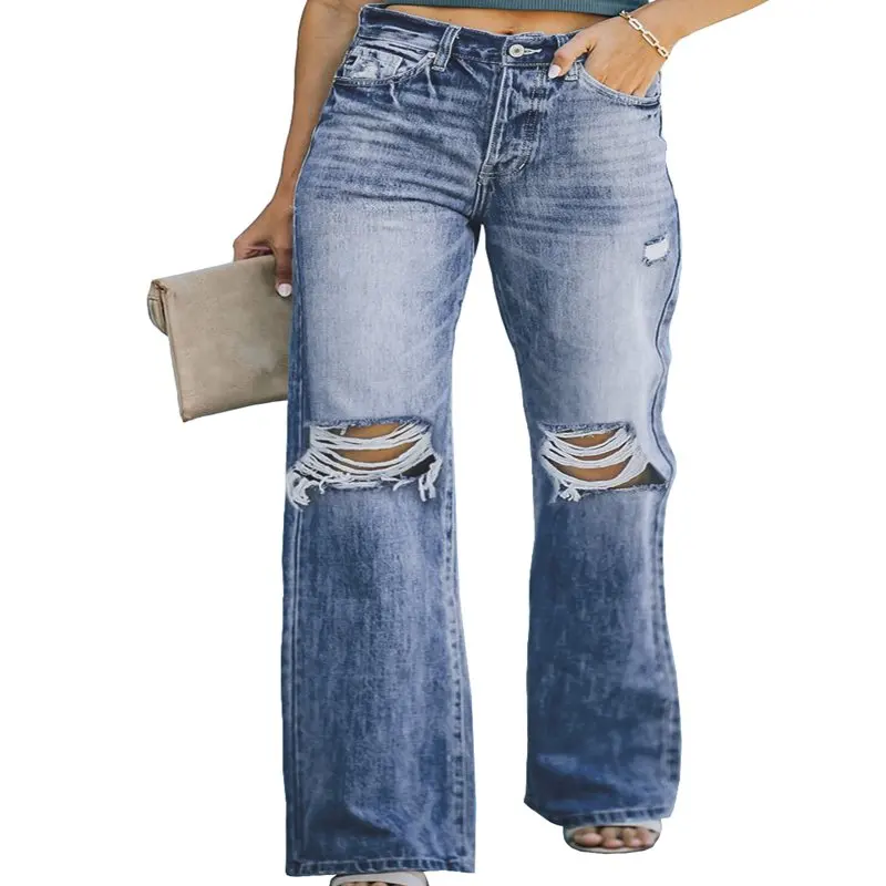 

Женские джинсы HMCN с завышенной талией, Стрейчевые рваные джинсы с эффектом ягодиц для девочек, синие потертые джинсовые брюки XL 16 18