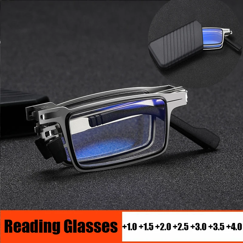 

Metal Foldable Reading Glasses Men Anti-Blue Light Portable Presbyopia Spectacles Frame Cooling Glasses with Case +1.0 To +4.0