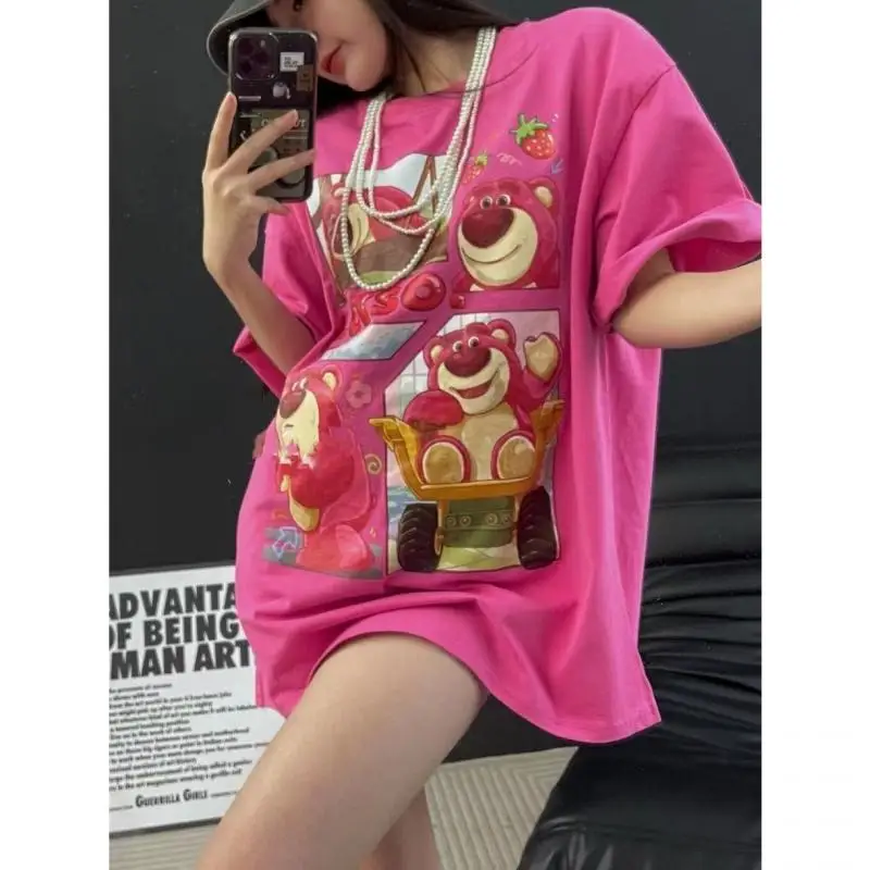 Kawaii Cartoon Lotso Pattern Printing Cotton Women's Short Sleeve Summer Loose Long Ins Style Women's T-Shirt Fabric Soft