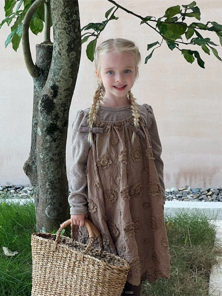 

HoneyCherry Autumn Girls Cute Sweet Three-dimensional Flower Dress Solid Color Vintage Halter Dresses Flower Girl Dresses