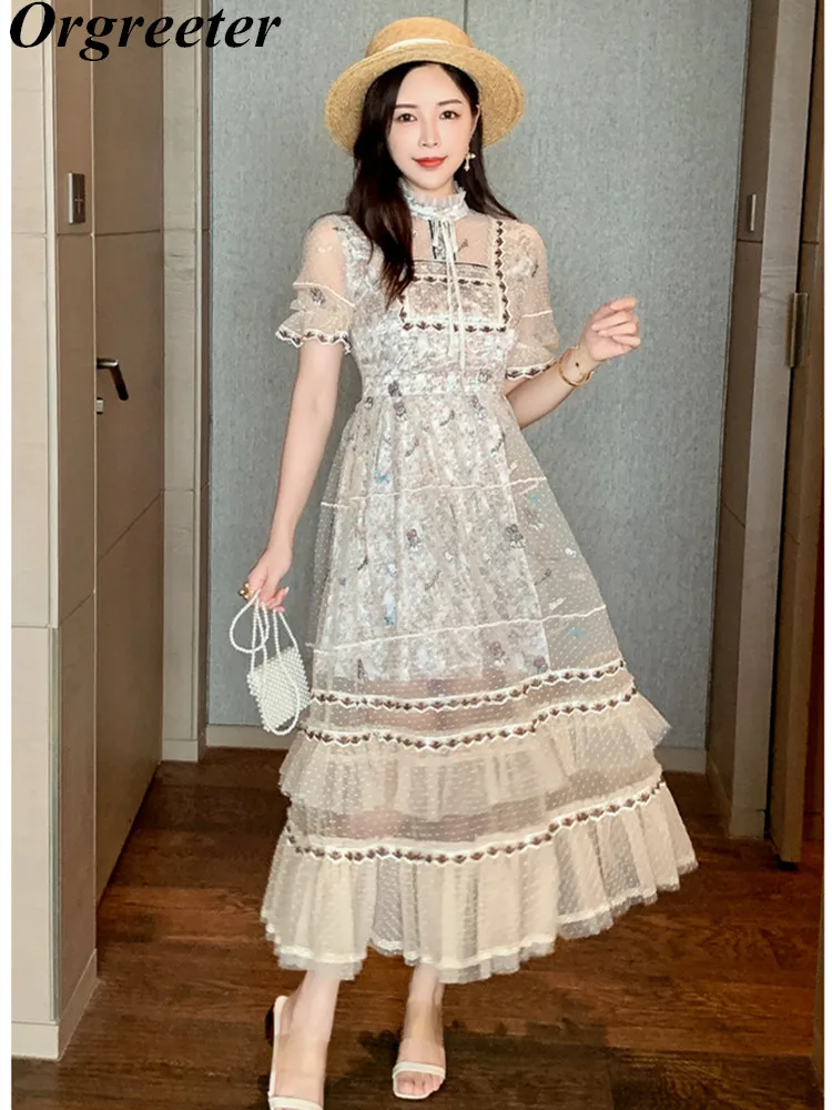 Women New Fashion Mesh Floral Print Summer Dress Ladies Stand collar Vintage Lace Patchwork Slim Long Dress Female Clothing
