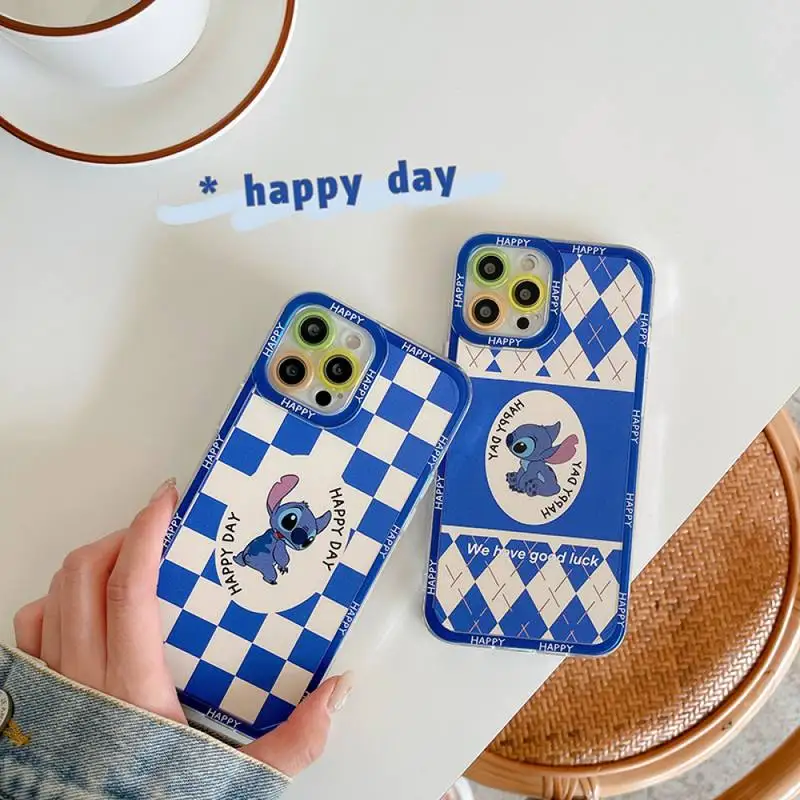 

Disney Plaid Stitch Phone Case for iPhone X XR XS 7 8 Plus 11 12 13 pro MAX 13mini cover