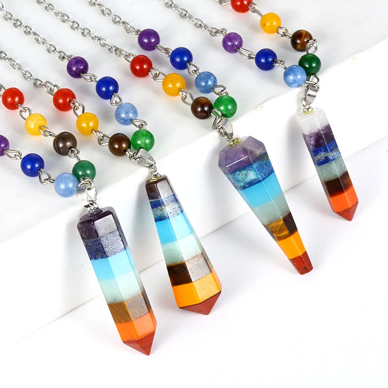 

Healing Reiki Natural Crystal Pendulum Pendant Necklace Hexagonal Column Bullet Conical Energy Amulet With 7 Color Beads Chain