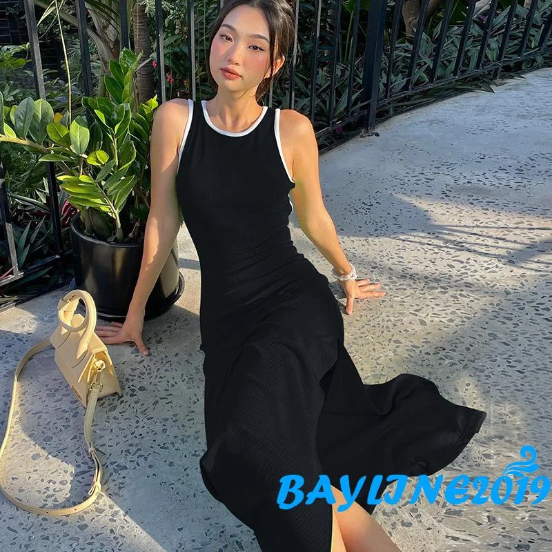 

Bayline-Women Sleeveless Patchwork Long Dress Round Neck Hollow-Out Back Side High Split Club Evening Party One-Piece Dress