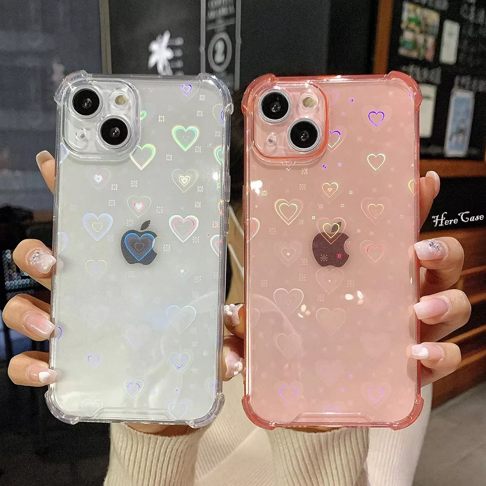 

Reflective Holographic Love Heart Case For iPhone 13 12 11 Pro Max Mini XS X XR 7 8 Plus SE 2020 Soft Clear Buffer Cover