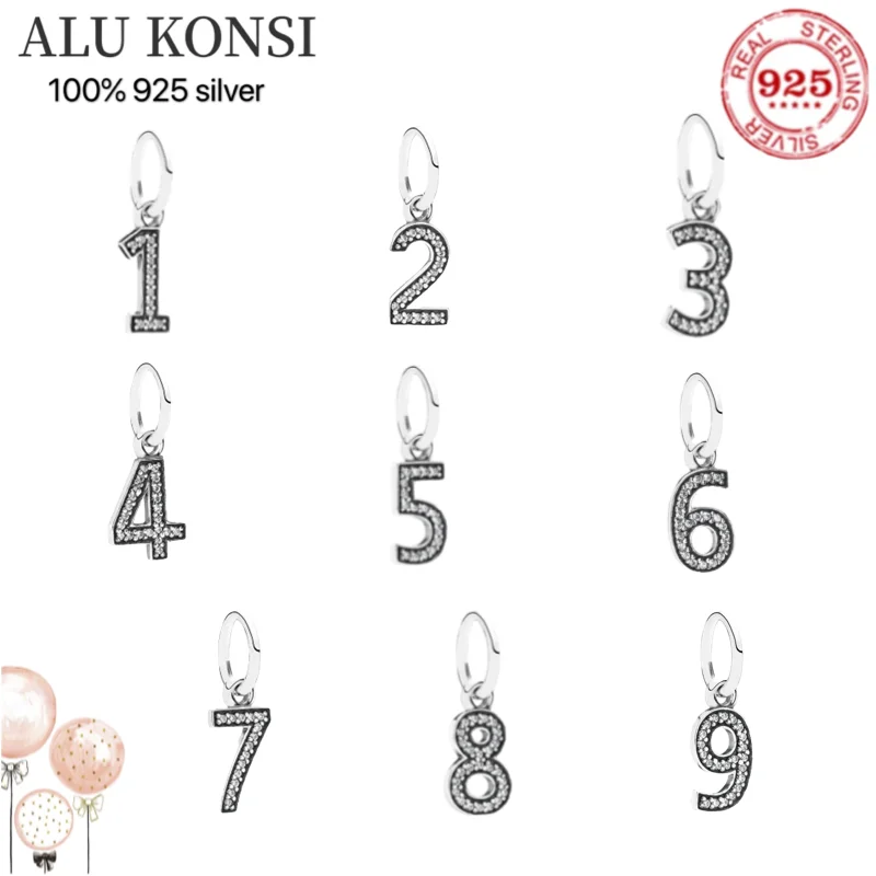 

Luxury 100% 925 Sterling Silver Pan glass beads number 1-9 Fit Original for Women charms bracelet Authentic DIY Jewelry gift