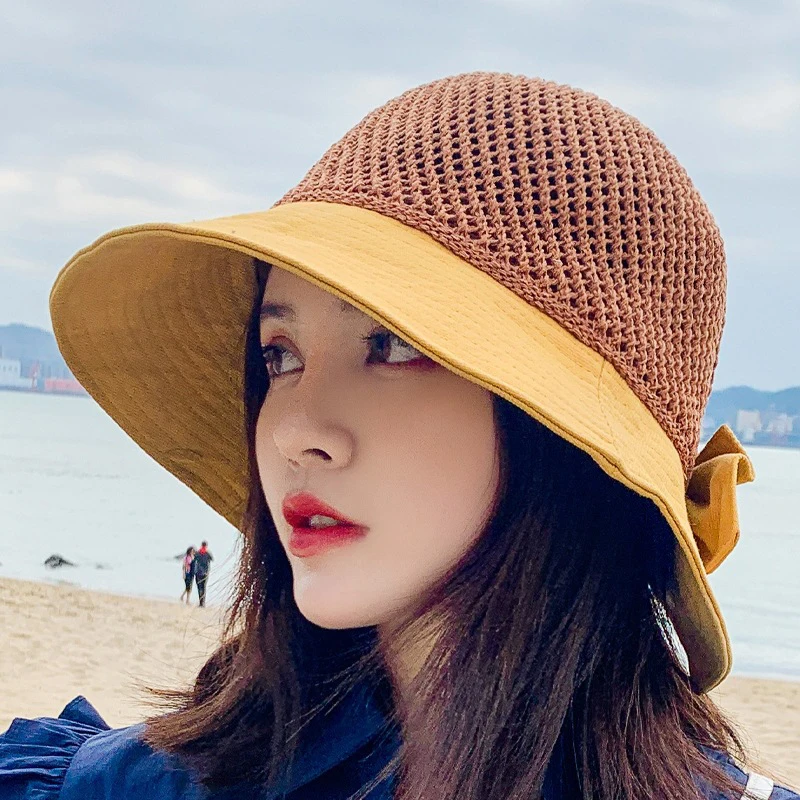 

Summer Breathable Mesh Bucket Hats For Women Fashion Wide Brim Foldable Empty Top Sun Hat Floppy Beach Cap Hollow Fisherman Hat