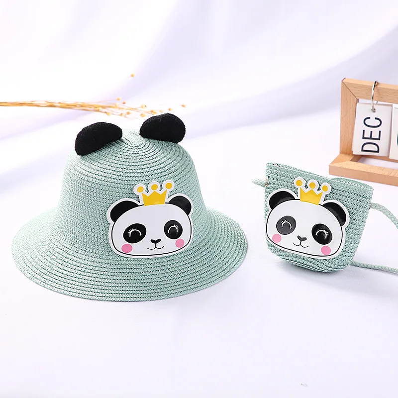 Cute Cartoon Panda Children Sun Hat Summer Straw Woven Baby Girls Accessories Shoulder Bags Boys Kids Beach Coin Purse Handbags