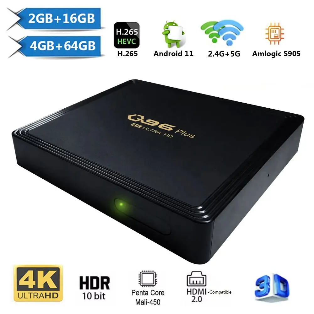 

Q96 Plus Smart TV Box Android 11 Amlogic S905 Quad Core 2.4G 5G Dual WIFI 4K HDR Set Top Box Media Player H.265 Home Theater