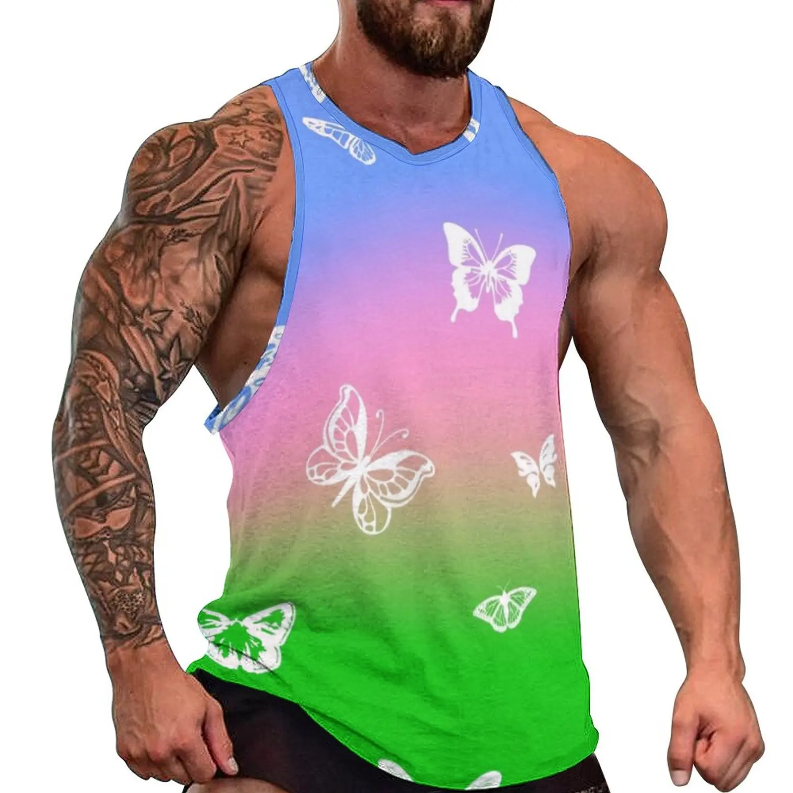 

Blue Pink Ombre Tank Top Males White Butterflies Tops Beach Custom Bodybuilding Fashion Oversized Sleeveless Vests
