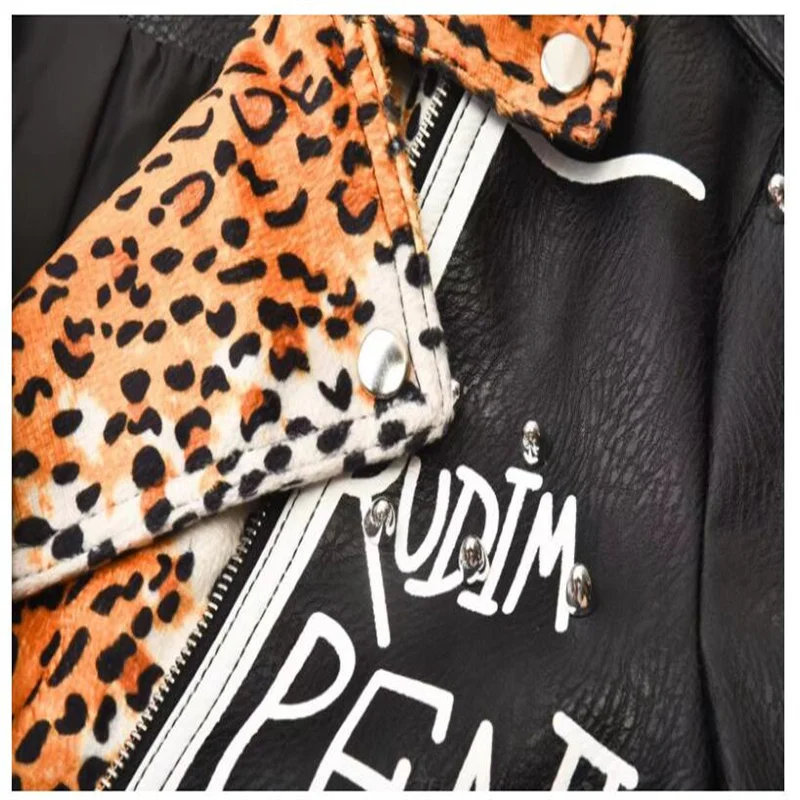 New motorcycle leather jacket womens rivet leopard print stitching heavy industry graffiti print slim punk rock PU coats black enlarge