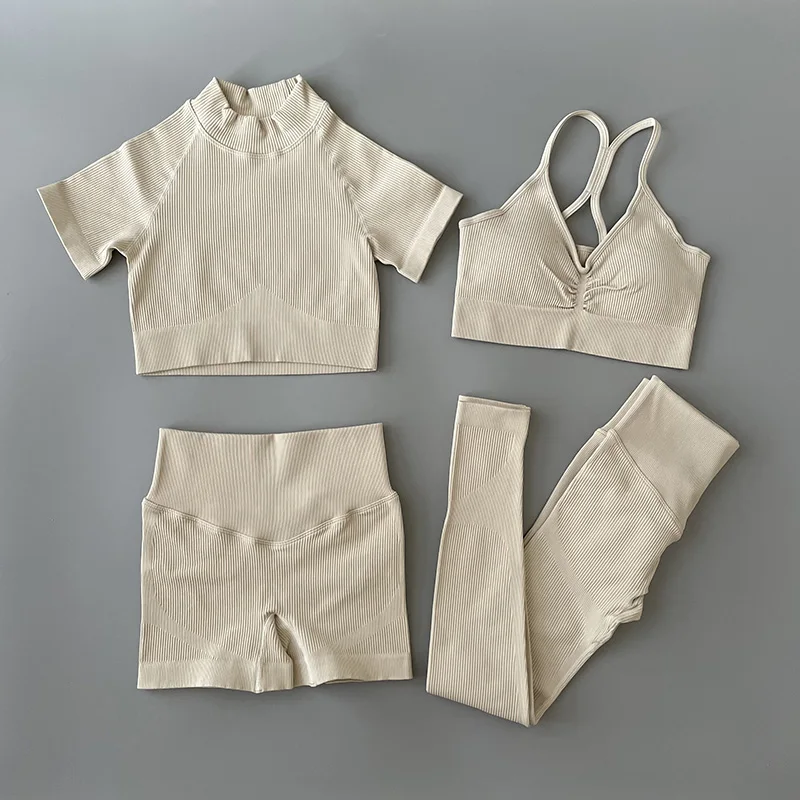 

Бесшовный Ребристый комплект для йоги, одежда для тренировок для женщин, короткий топ, футболки, леггинсы для спортзала, комплект из 2/3/4 шт., ...