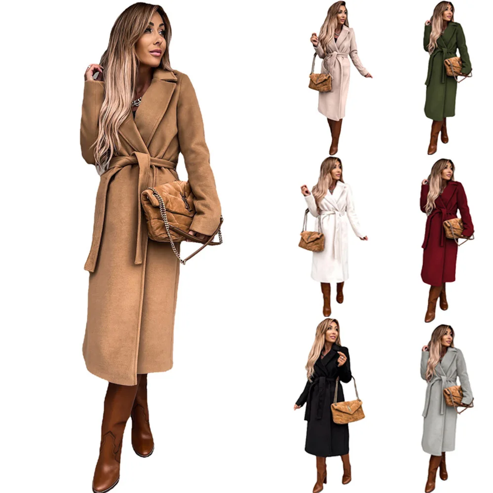 2023 Autumn and Winter Women's Wool Long Coat Women Solid Color Lapels Long Sleeve Tweed Lace-up Trench Coat