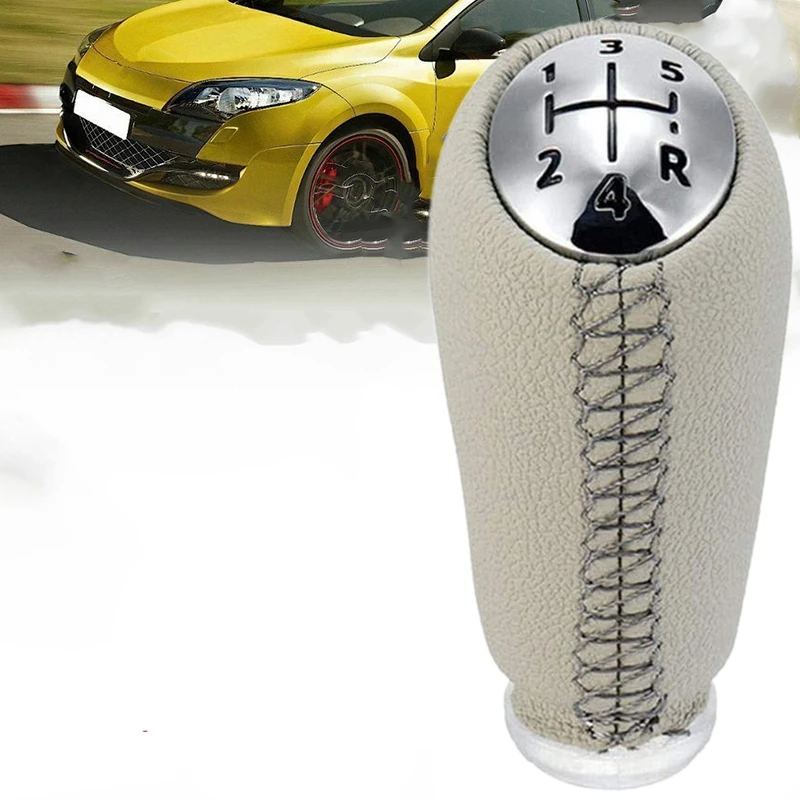 Gear Shift Knob 5Speed Leather MT Shifter Pen Head Ball Beige For Renault Megane II MK2 Scenic 2 Clio 3 III MK3