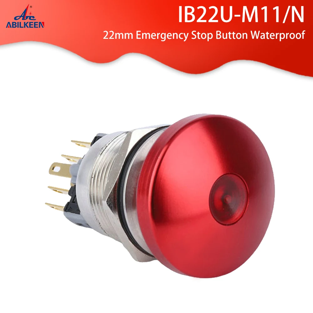 

22 мм Кнопка аварийного остановки, водонепроницаемый светильник ель, мгновенный 12 В 24 в 110 В