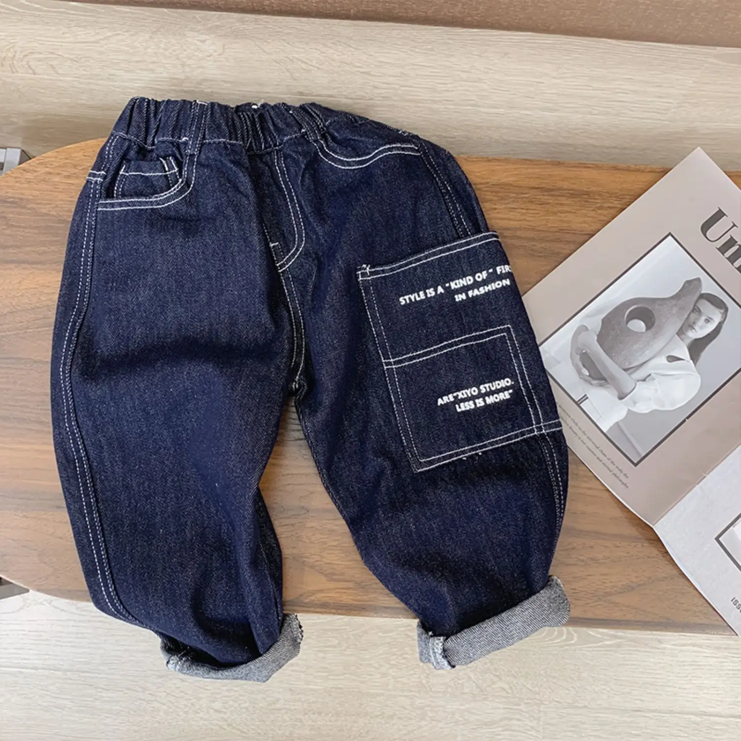 2022 New Kids' Jeans Elastic Waist Boys' Solid Loose Jogging Casual Pants Spring Autumn High Quality Clothing 2-14 Years Old