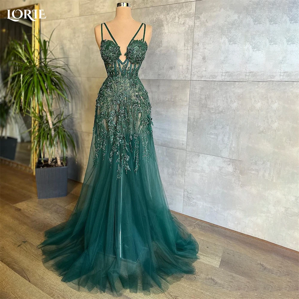 

LORIE Forest Green платья для выпускного вечера на тонких бретельках ТРАПЕЦИЕВИДНОЕ вечернее платье из тюля с бисером вечерние платья для невесты и...