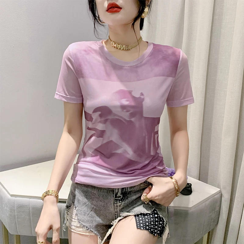 Летняя одежда Ozhouzhan новая модная футболка с принтом Женский облегающий топ