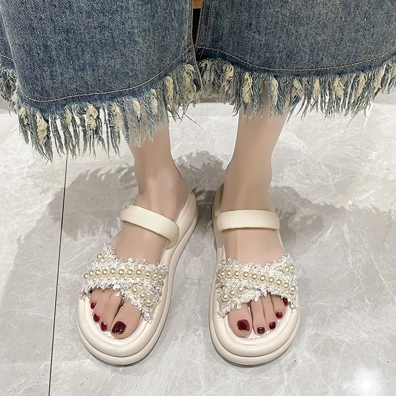 Сандалии женские с круглым носком босоножки жемчугом толстая подошва