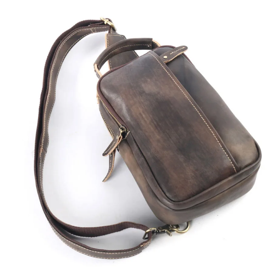 Vintage Cowhide Men Single Shoulder Messenger Bag Travel Casual Crossbody Bags Male Genuine Tanned Leather Sling Chest Bag