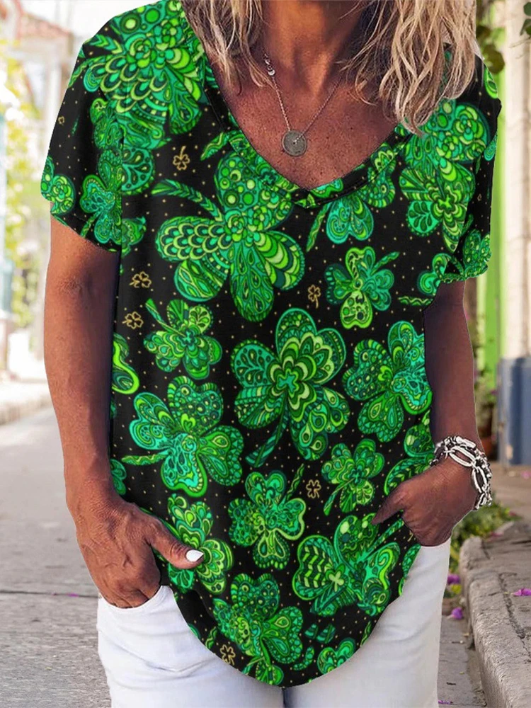 

Vintage Pattern Print Irregular Blouse Pullover New Spring Deep V Neck Office Ladies Shirts Summer Short Sleeve Loose Women Tops