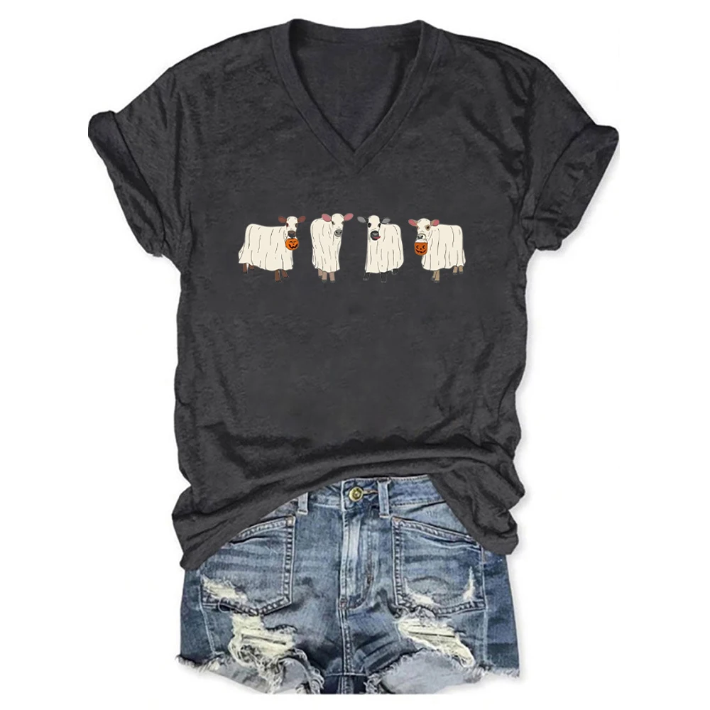 

Rheaclots Comfort Colors Halloween Cow Printed V-neck Short Sleeve T-Shirt