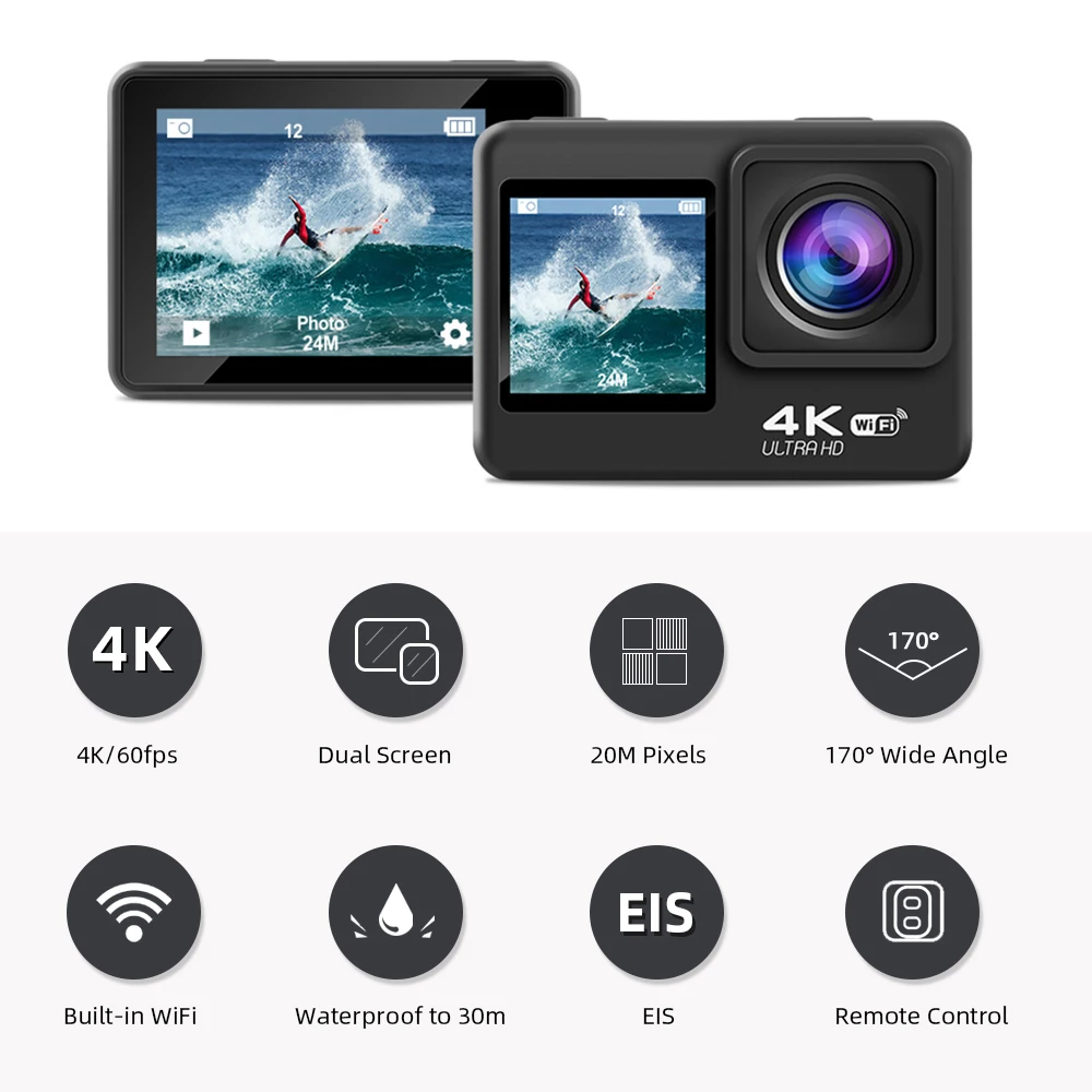 Экшн-камера 4K 60FPS 24MP 2 0 IPS сенсорный экран EIS двойной Wi-Fi Веб-камера