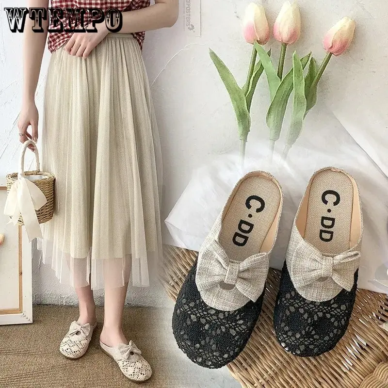 

WTEMPO Baotou Mesh Half Slippers Women Summer Lollow Out Linen Woven Bow Cool Shoes Outdoor Fashion New Casual Shoes Wholesale