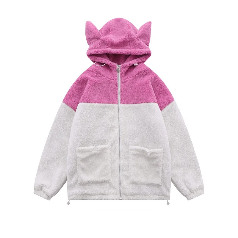 Rainbowtouches Winter Thicken Fleece Men Women Parkas Warm Jacket New Streetwear Fashion Patchwork Thermal Rabit Ear Hooded Coat