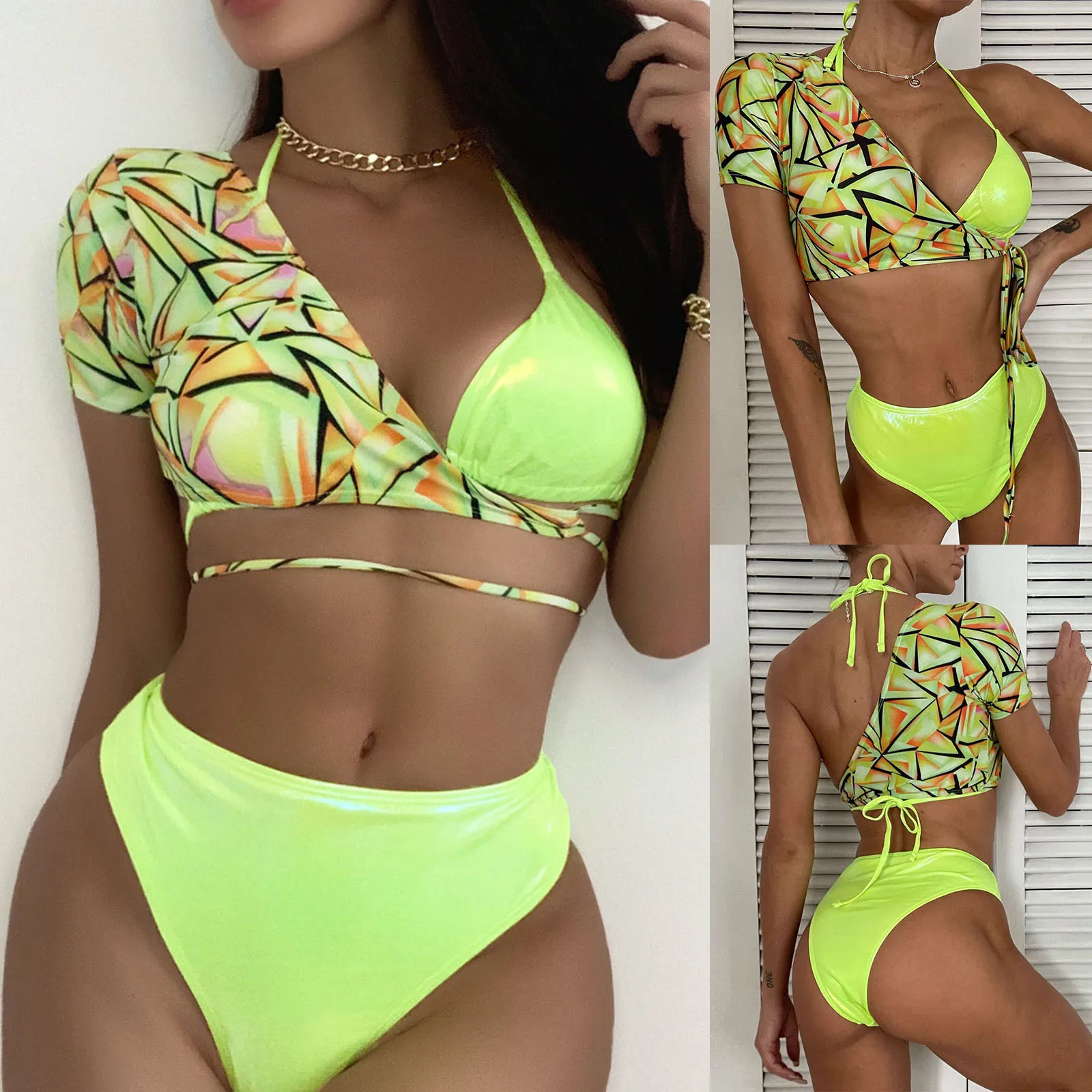 

Новый флуоресцентный зеленый сексуальный комплект бикини с лямкой на шее микро бикини купальник из трех частей женский бандажный купальни...