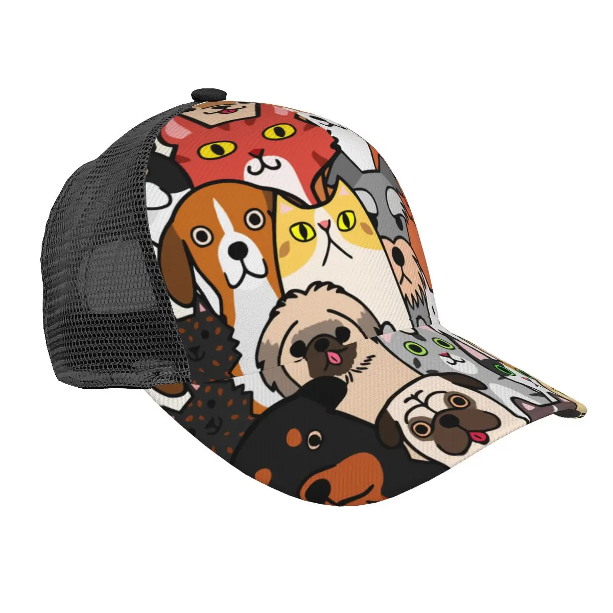 

Unisex Cap Casual Mesh Baseball Cap Doodle Dogs And Cats Faces Adjustable Snapback Hat For Hip Hop Trucker Cap